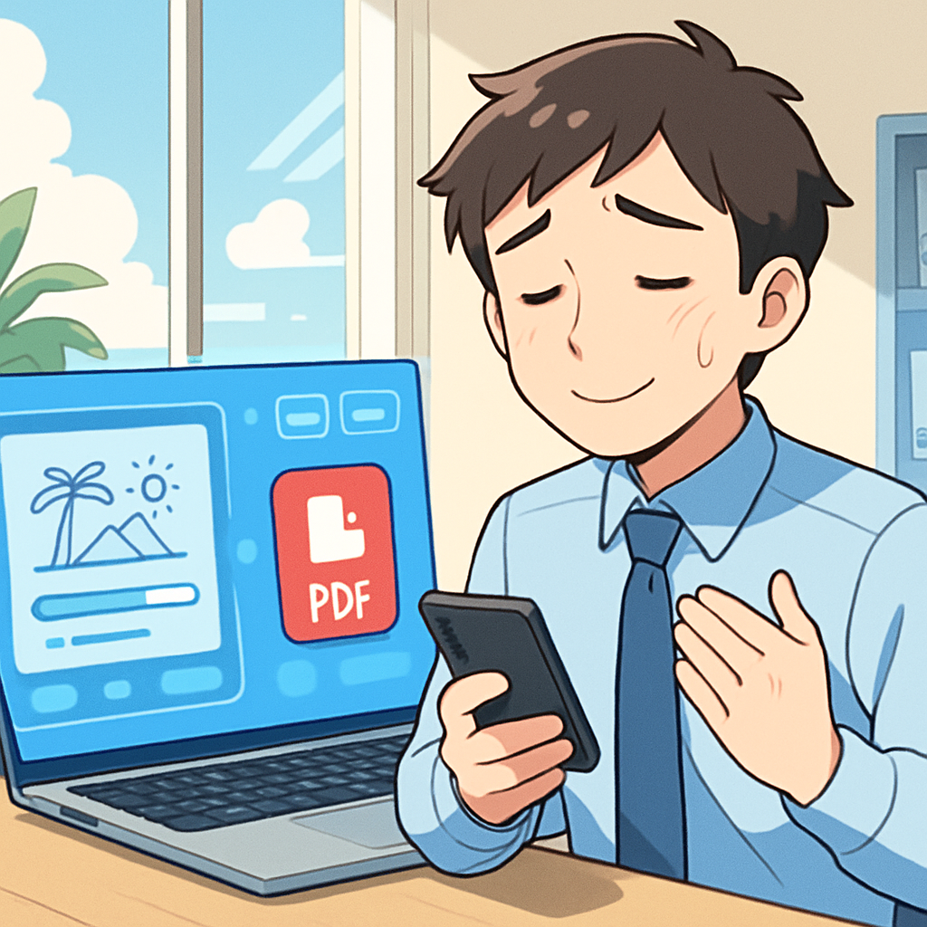 AIが出張報告書を自動作成しPDF出力するイメージ